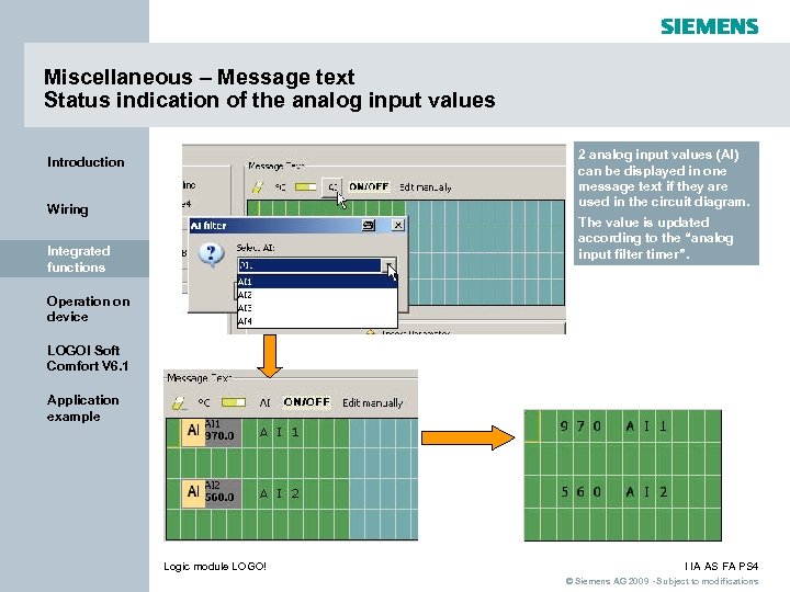 Miscellaneous – Message text Status indication of the analog input values 2 analog input