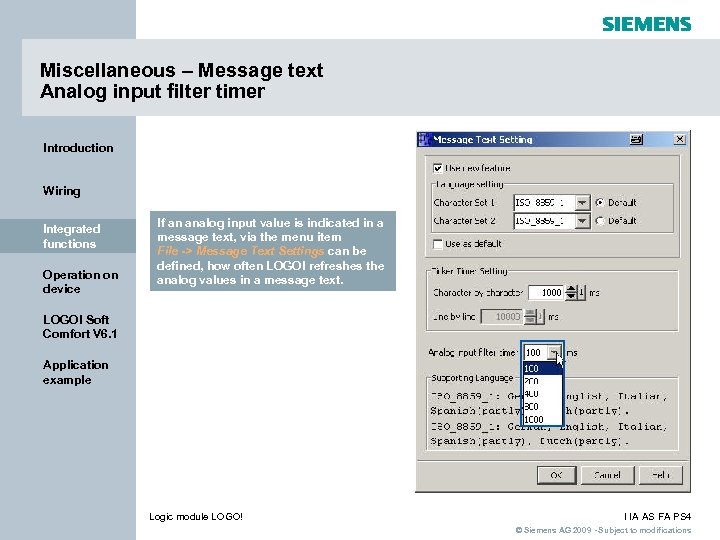 Miscellaneous – Message text Analog input filter timer Introduction Wiring Integrated functions Operation on