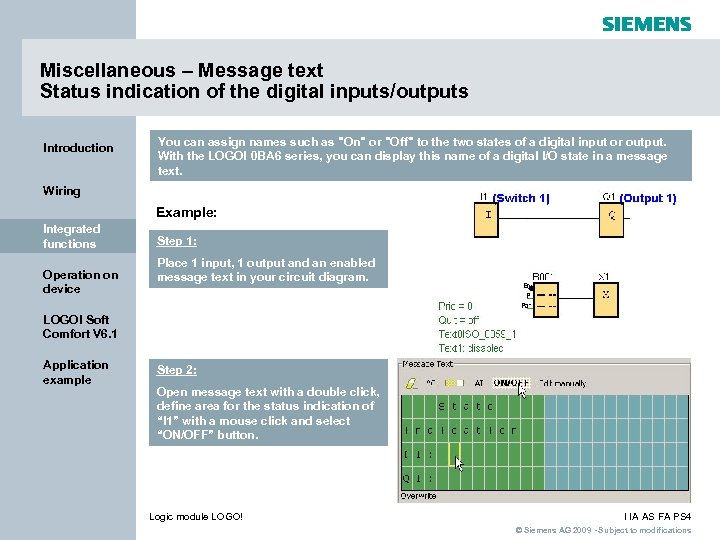 Miscellaneous – Message text Status indication of the digital inputs/outputs Introduction You can assign