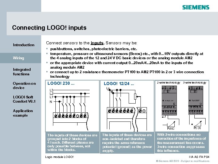 Connecting LOGO! inputs Introduction Wiring Integrated functions Operation on device LOGO! Soft Comfort V