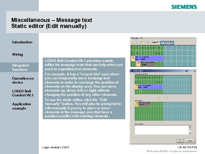 Miscellaneous – Message text Static editor (Edit manually) Introduction Wiring Integrated functions Operation on