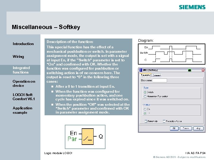 Miscellaneous – Softkey Introduction Wiring Integrated functions Operation on device LOGO! Soft Comfort V