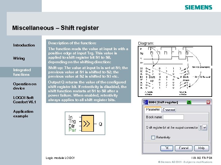 Miscellaneous – Shift register Introduction Wiring Integrated functions Operation on device LOGO! Soft Comfort