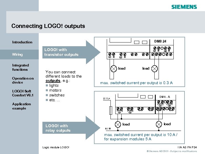 Connecting LOGO! outputs DM 8 24 Introduction Wiring Integrated functions Operation on device LOGO!