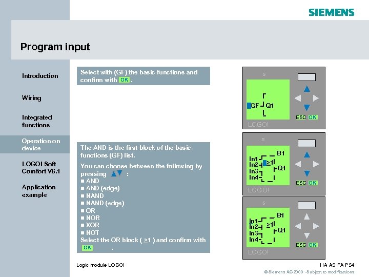 Program input Introduction Select with (GF) the basic functions and confirm with OK. s