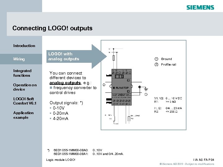 Connecting LOGO! outputs Introduction Wiring LOGO! with analog outputs Ground Profile rail Integrated functions