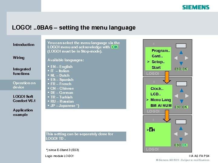 LOGO!. . 0 BA 6 – setting the menu language Introduction Wiring Integrated functions