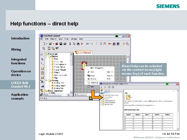 Help functions – direct help Introduction Wiring Integrated functions Direct help can be selected