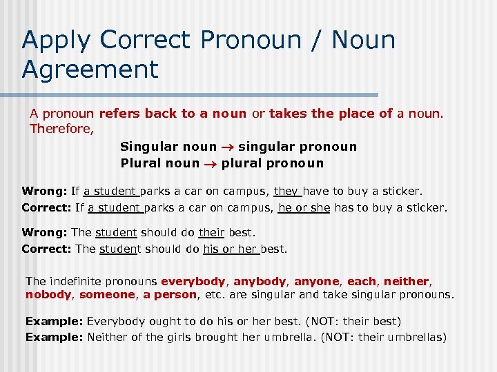 Apply Correct Pronoun / Noun Agreement A pronoun refers back to a noun or
