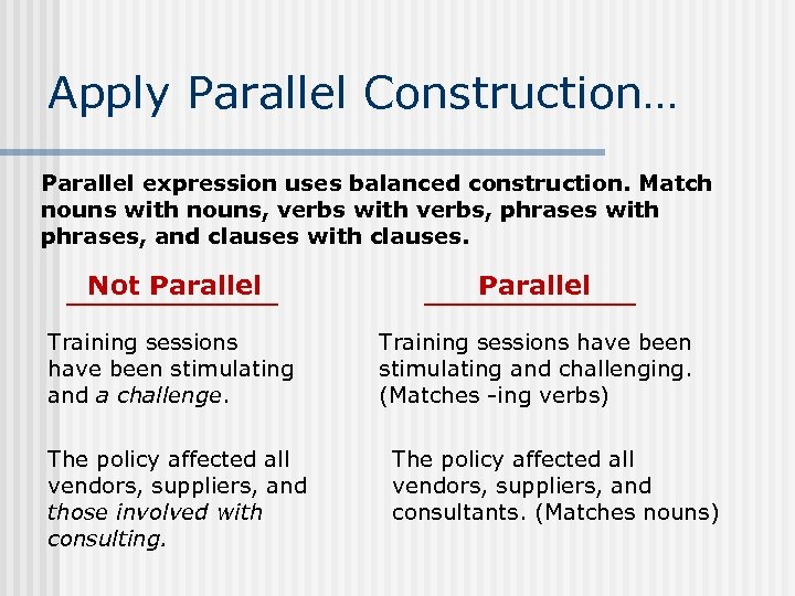 Apply Parallel Construction… Parallel expression uses balanced construction. Match nouns with nouns, verbs with