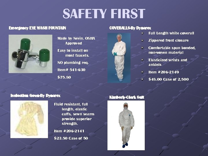 SAFETY FIRST Emergency EYE WASH FOUNTAIN COVERALLS-By Dynarex Full Length white coverall Made by