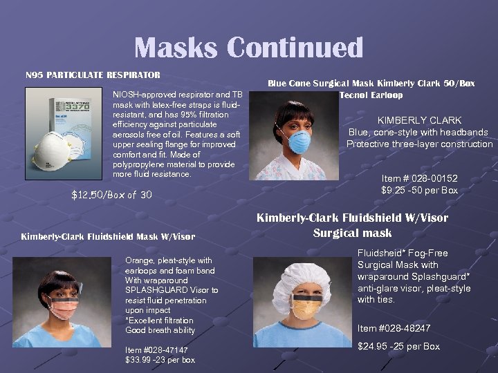 Masks Continued N 95 PARTICULATE RESPIRATOR NIOSH-approved respirator and TB mask with latex-free straps