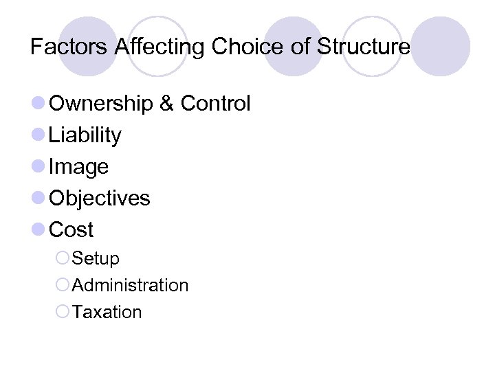 Factors Affecting Choice of Structure l Ownership & Control l Liability l Image l