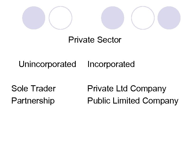 Private Sector Unincorporated Sole Trader Partnership Incorporated Private Ltd Company Public Limited Company 