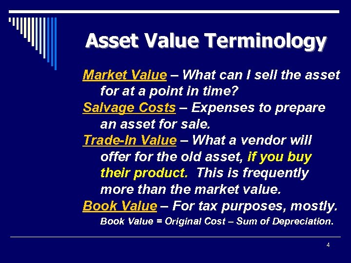 Asset Value Terminology Market Value – What can I sell the asset for at