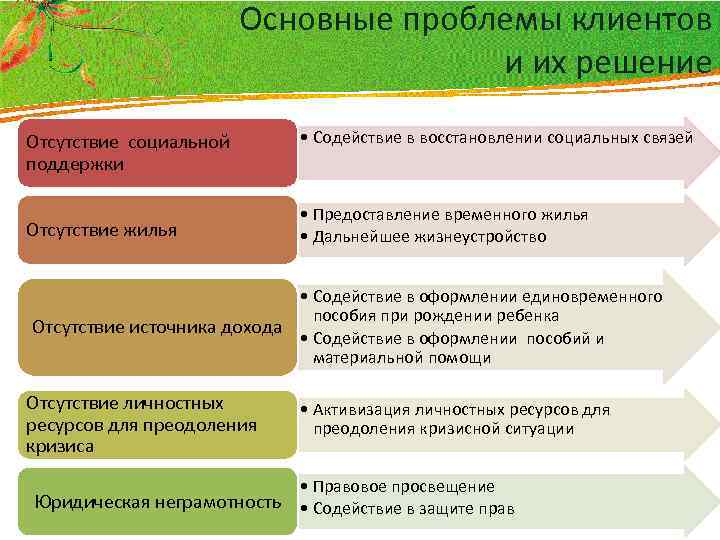 Основные проблемы клиентов и их решение Отсутствие социальной поддержки Отсутствие жилья • Содействие в