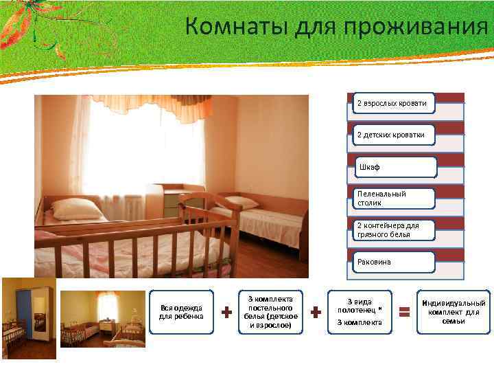 Комнаты для проживания 2 взрослых кровати 2 детских кроватки Шкаф Пеленальный столик 2 контейнера