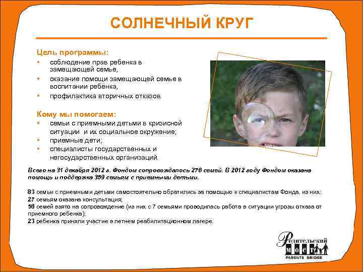 СОЛНЕЧНЫЙ КРУГ Цель программы: • • • соблюдение прав ребенка в замещающей семье, оказание