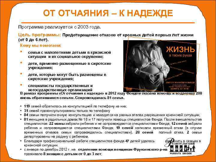ОТ ОТЧАЯНИЯ – К НАДЕЖДЕ Программа реализуется с 2003 года. Цель программы: Предотвращение отказов