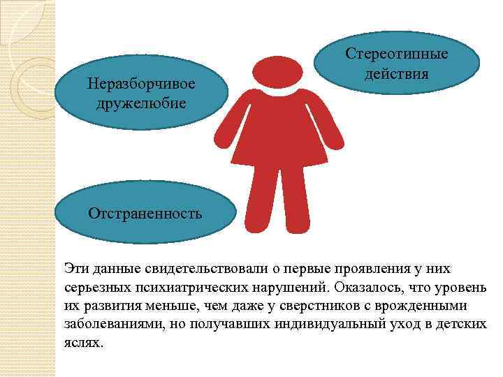 Неразборчивое дружелюбие Стереотипные действия Отстраненность Эти данные свидетельствовали о первые проявления у них серьезных