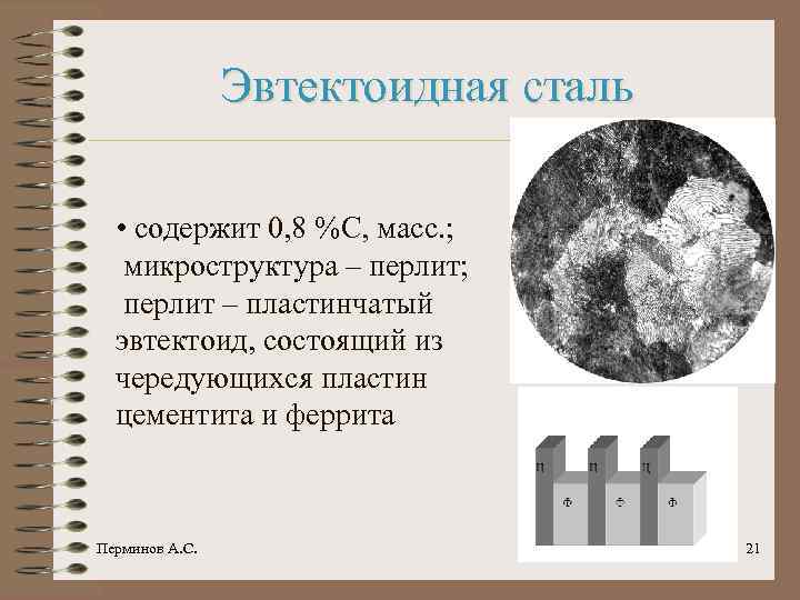 Эвтектоидная сталь • содержит 0, 8 %С, масс. ; микроструктура – перлит; перлит –