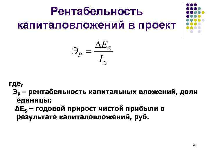 Рентабельность капиталовложений в проект где, ЭР – рентабельность капитальных вложений, доли единицы; ∆ES –