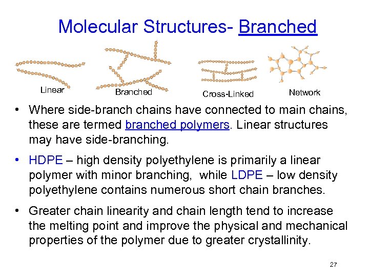 Molecular Structures- Branched Linear Branched Cross-Linked Network • Where side-branch chains have connected to