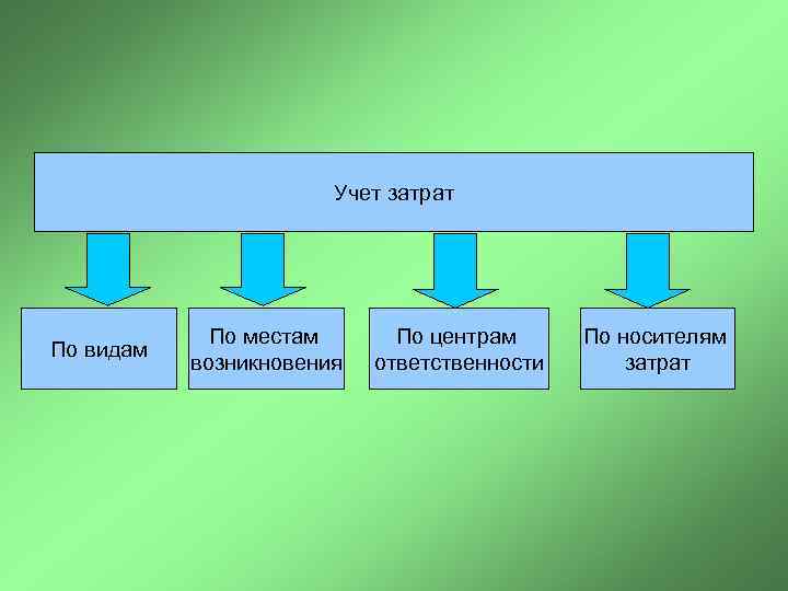 Учет затрат По видам По местам возникновения По центрам ответственности По носителям затрат 