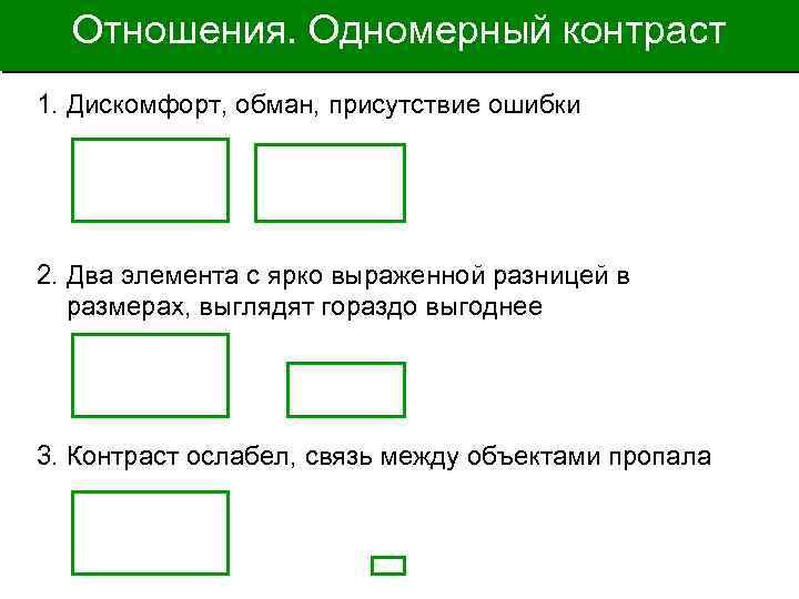 Отношения. Одномерный контраст 1. Дискомфорт, обман, присутствие ошибки 2. Два элемента с ярко выраженной