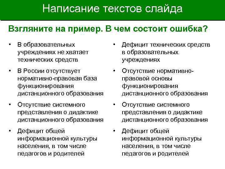 Написание текстов слайда Взгляните на пример. В чем состоит ошибка? • В образовательных учреждениях