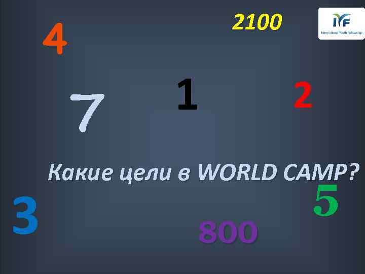 4 7 3 2100 1 2 Какие цели в WORLD CAMP? 800 5 