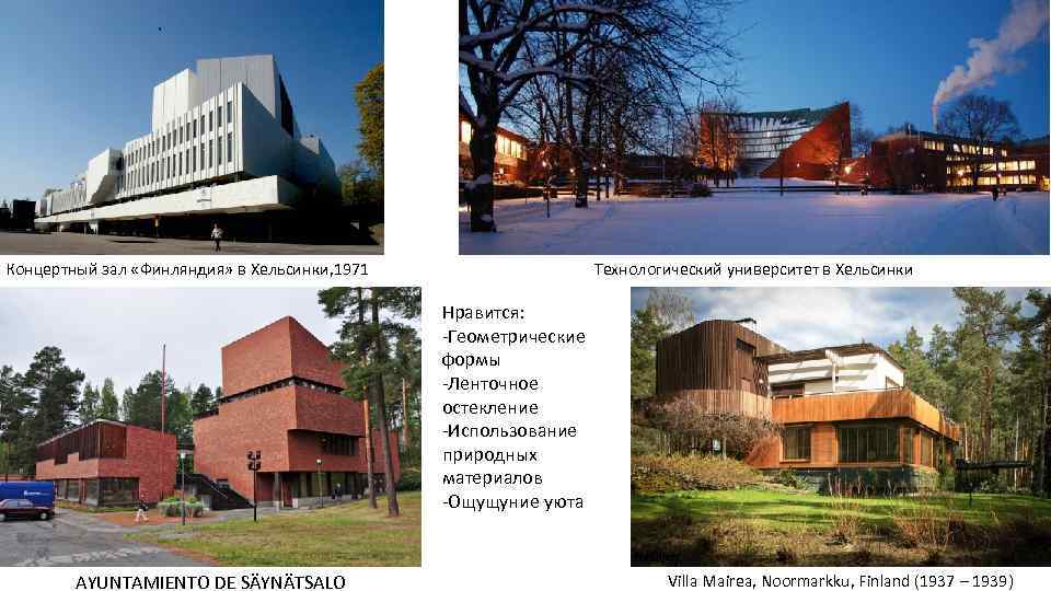 Технологический университет в Хельсинки Концертный зал «Финляндия» в Хельсинки, 1971 Нравится: -Геометрические формы -Ленточное