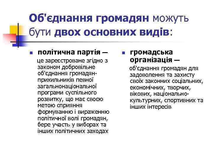 Об'єднання громадян можуть бути двох основних видів: n політична партія — це зареєстроване згідно