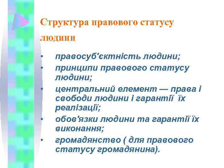 Структура правового статусу людини • • • правосуб'єктність людини; принципи правового статусу людини; центральний