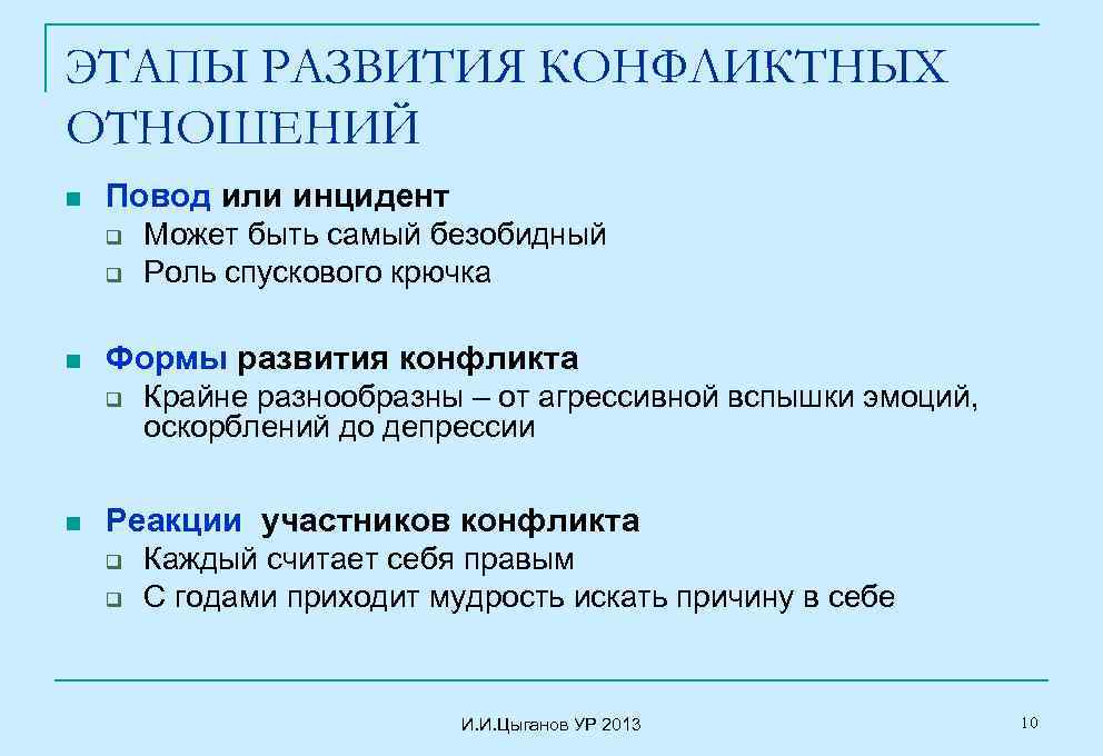 ЭТАПЫ РАЗВИТИЯ КОНФЛИКТНЫХ ОТНОШЕНИЙ n Повод или инцидент q q n Формы развития конфликта