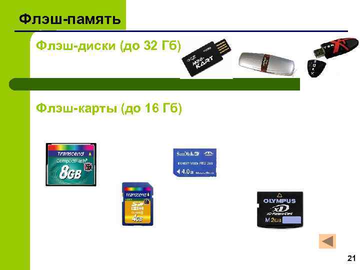Флэш-память Флэш-диски (до 32 Гб) Флэш-карты (до 16 Гб) 21 