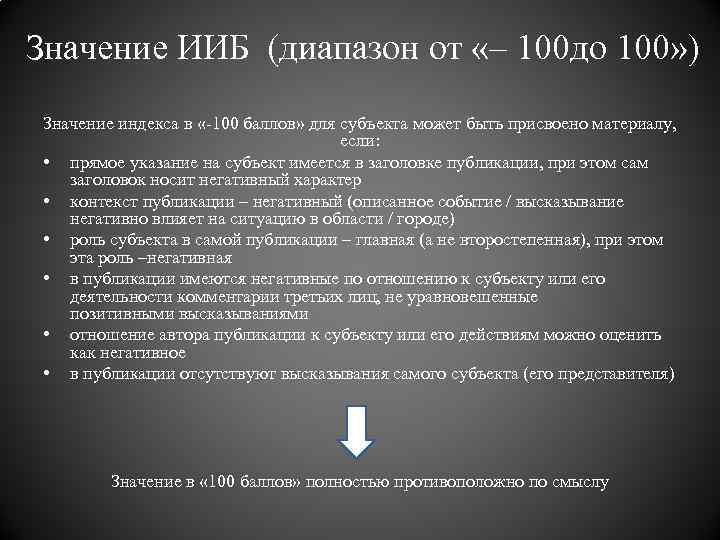 Значение ИИБ (диапазон от «– 100 до 100» ) Значение индекса в «-100 баллов»