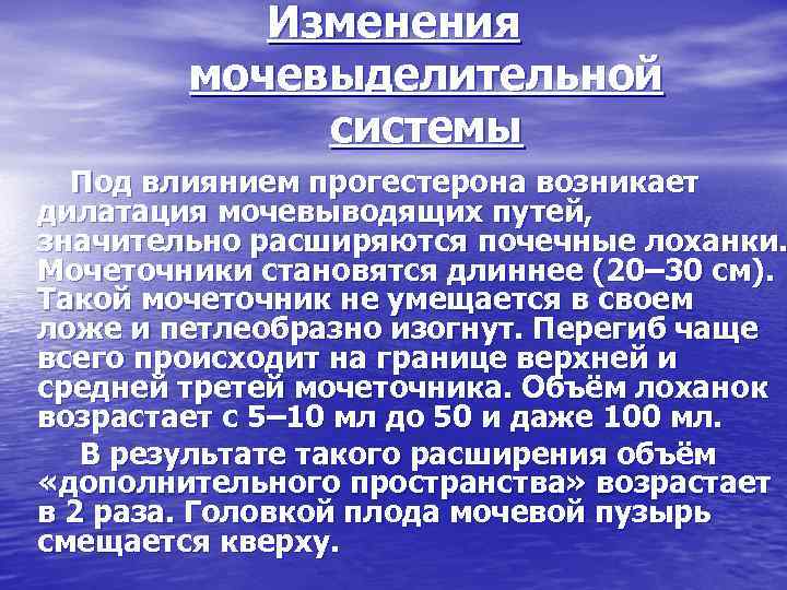 Изменения мочевыделительной системы Под влиянием прогестерона возникает дилатация мочевыводящих путей, значительно расширяются почечные лоханки.