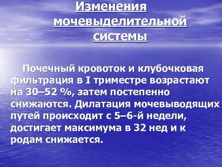 Изменения мочевыделительной системы Почечный кровоток и клубочковая фильтрация в I триместре возрастают на 30–