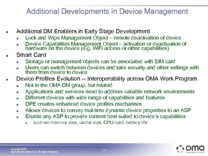 Additional Developments in Device Management Additional DM Enablers in Early Stage Development Lock and