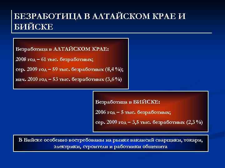 БЕЗРАБОТИЦА В АЛТАЙСКОМ КРАЕ И БИЙСКЕ Безработица в АЛТАЙСКОМ КРАЕ: 2008 год – 61