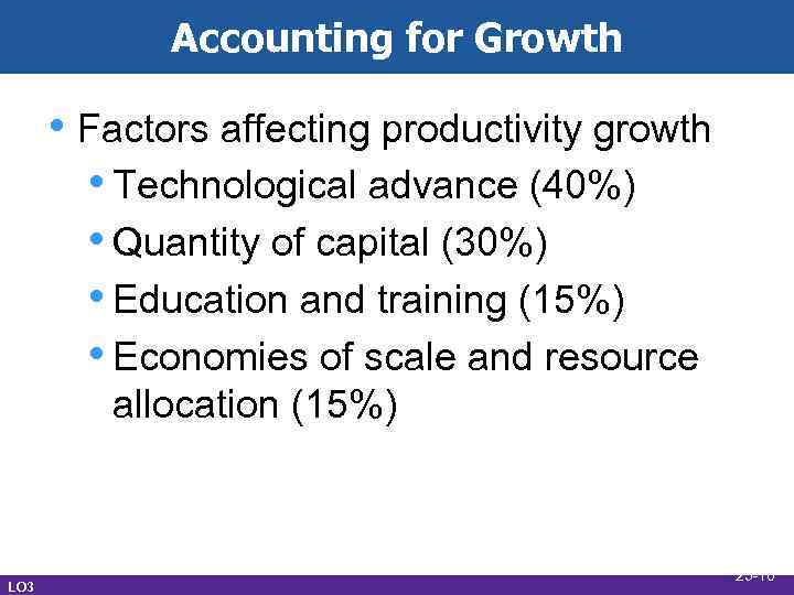 Accounting for Growth • Factors affecting productivity growth • Technological advance (40%) • Quantity