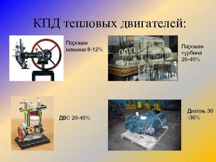 КПД тепловых двигателей: Паровая машина 8 -12% ДВС 20 -40% Паровая турбина 20 -40%