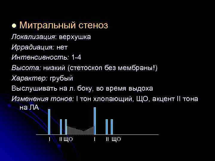 l Митральный стеноз Локализация: верхушка Иррадиация: нет Интенсивность: 1 -4 Высота: низкий (стетоскоп без