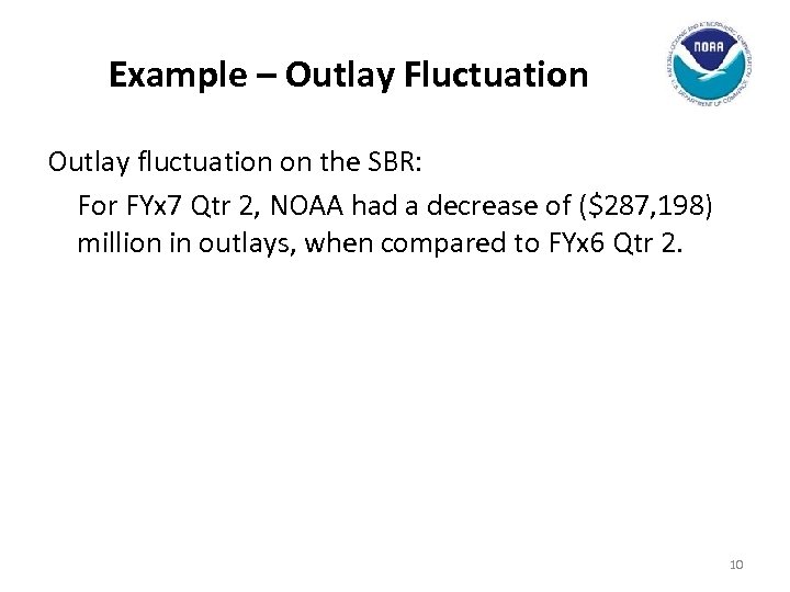 Example – Outlay Fluctuation Outlay fluctuation on the SBR: For FYx 7 Qtr 2,