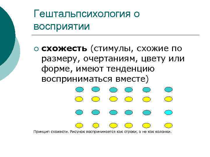 Гештальпсихология о восприятии ¡ схожесть (стимулы, схожие по размеру, очертаниям, цвету или форме, имеют