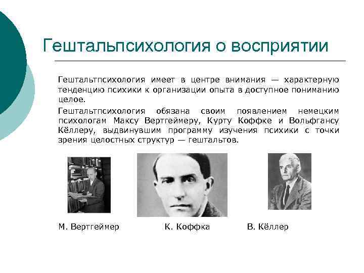 Гештальпсихология о восприятии Гештальтпсихология имеет в центре внимания — характерную тенденцию психики к организации