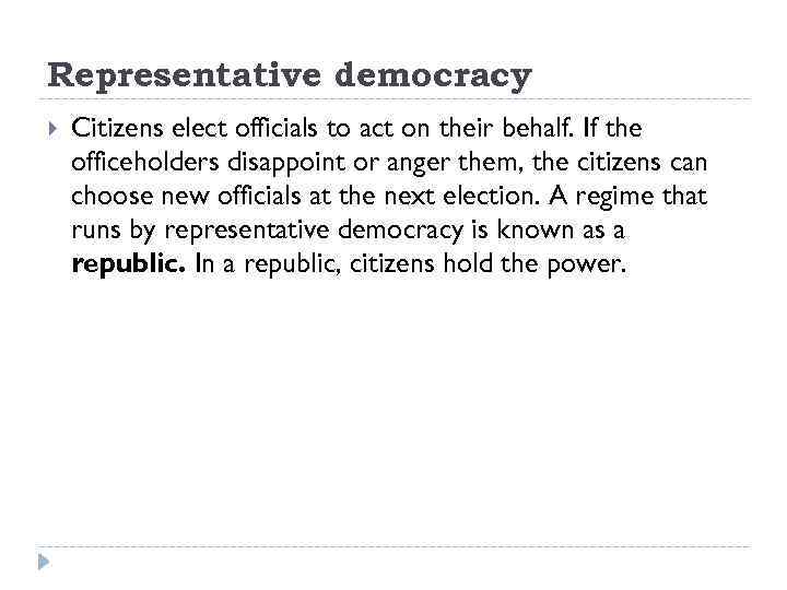 Representative democracy Citizens elect officials to act on their behalf. If the officeholders disappoint