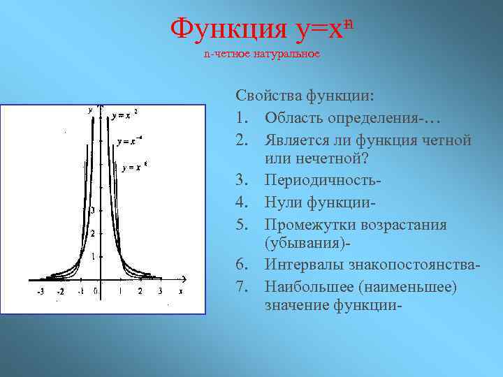 n Функция y=x n четное натуральное Свойства функции: 1. Область определения … 2. Является