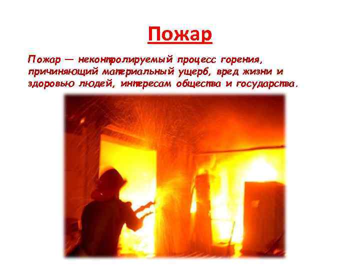 Пожар — неконтролируемый процесс горения, причиняющий материальный ущерб, вред жизни и здоровью людей, интересам